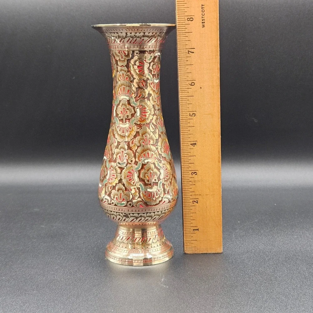 Vintage Indian Brass Bud Vase Hand Etched Floral Enamel Inlay 7.75 Inch Gold Red
